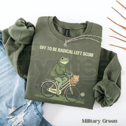 Off To Be Radical Left Scum Sweatshirt: Retro Frog & Cat Bicycle Resistance Crewneck - Hiyatee