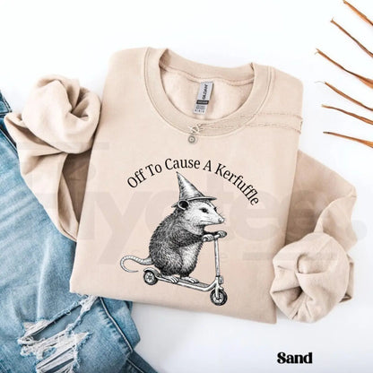 Off To Cause A Kerfuffle Sweatshirt: Funny Opossum Scooter Mental Health Sweater - Hiyatee