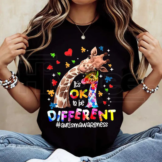 "Ok To Be Different" Giraffe – Autism Awareness Puzzle Hearts Women's Top - Hiyatee