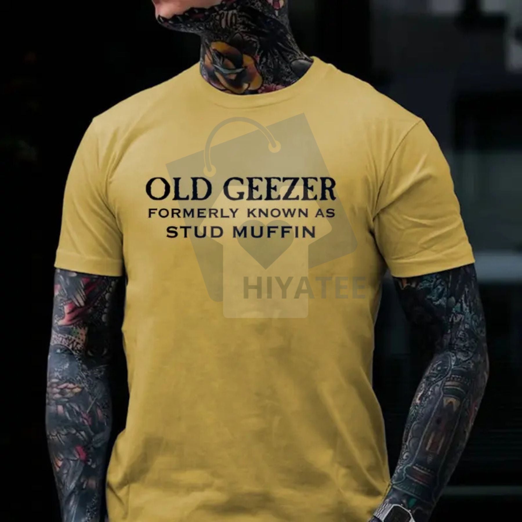 "Old Geezer Formerly Known As Stud Muffin" T-Shirt – Funny Men's Graphic Tee, Made in USA - Hiyatee