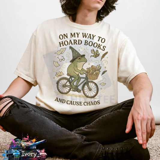 "On My Way To Hoard Books And Cause Chaos" T-Shirt – Tom Foolery Frog Tee, Funny Cottagecore Cozy Shirt - Hiyatee