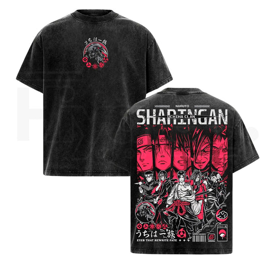 Otaku Lux Uchiha Clan Sharingan Vintage Washed Tee – Heavy Cotton Oversized Subtle Anime Streetwear - Hiyatee