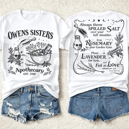 Owens Sisters Apothecary 1986 T-Shirt – Vintage Witchy Herb Graphic Tee, Whimsical Cottagecore Gift Top - Hiyatee