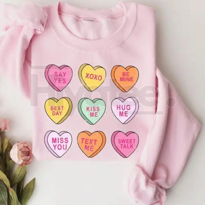 Pastel Conversation Hearts Valentine’s Day Sweatshirt: Trendy Romantic Gift for Her - Hiyatee