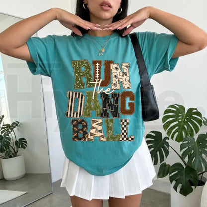 Patchwork Run The Dang Ball Shirt Leopard Football Mom Retro Game Day Tee - Hiyatee