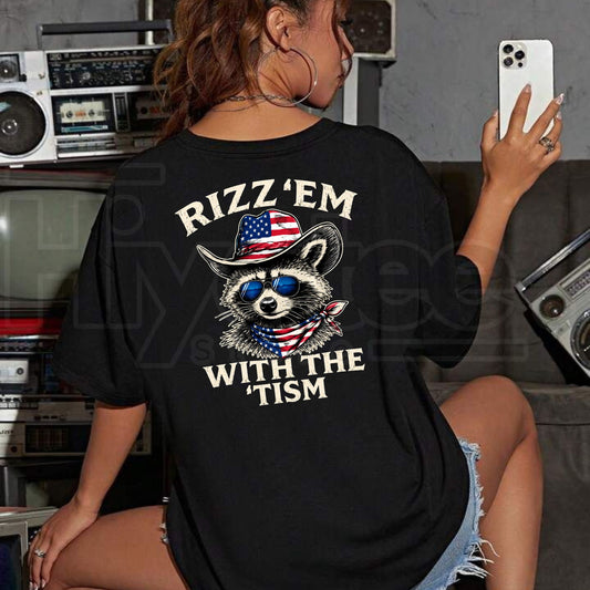 Patriotic Rizz 'Em With The 'Tism T-Shirt – American Flag Neurodivergent Meme Graphic Tee - Hiyatee