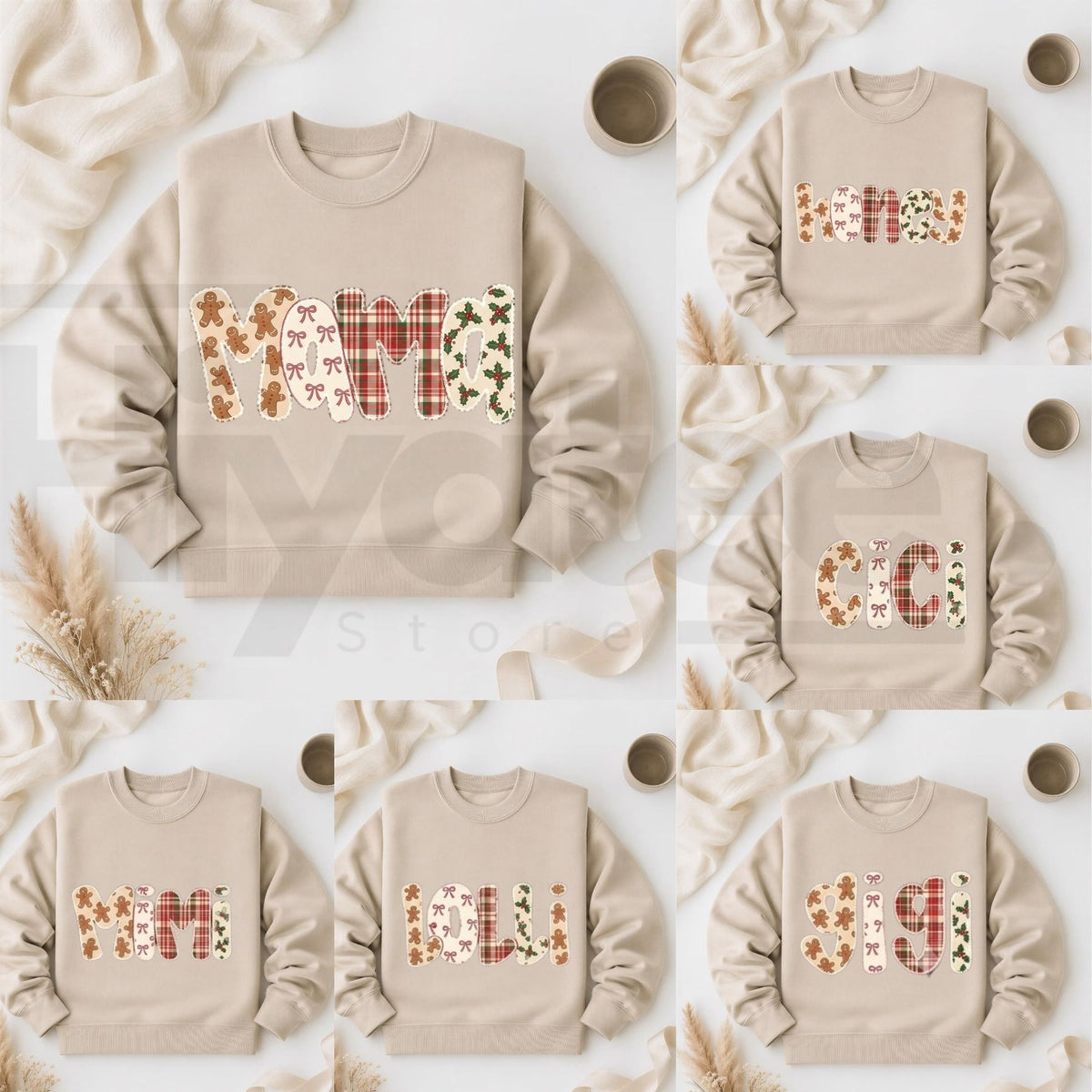 Personalized Family Name Christmas Forest Green Sweatshirt | Gingerbread Plaid Holiday Crewneck - Hiyatee