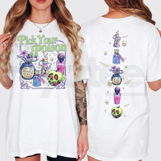 Pick Your Poison 2 Sides Retro Halloween Llama Kuzco Graphic T-Shirt - Hiyatee