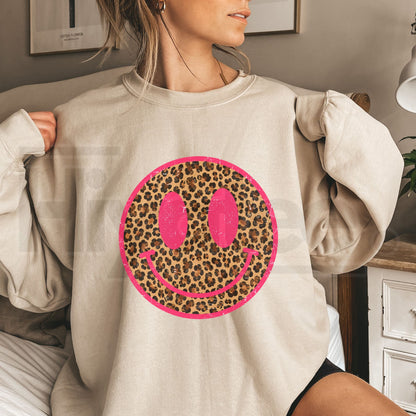 Pink Cheetah Smiley Graphic Top Sweatshirt – Retro Preppy Leopard Face Crewneck - Hiyatee