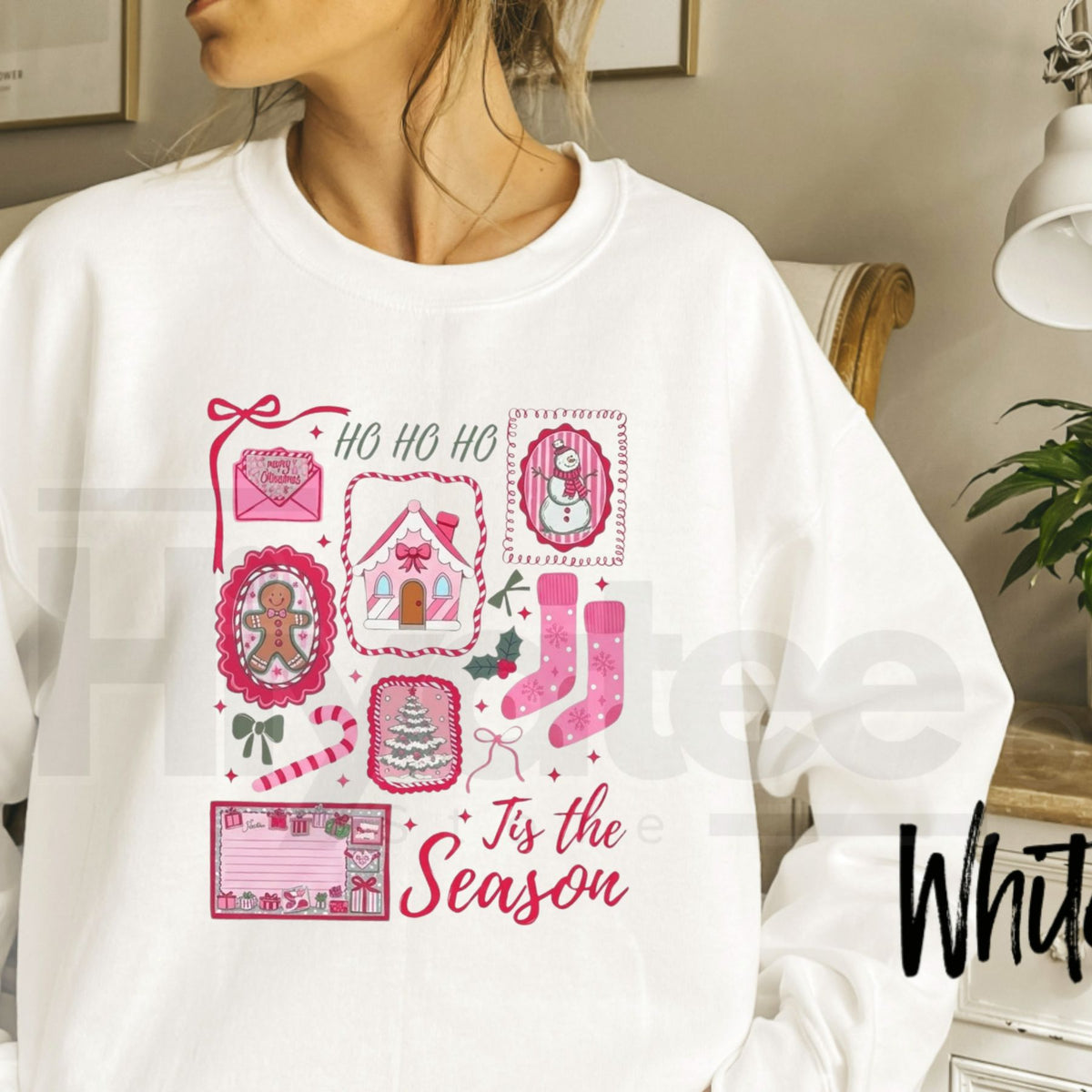 Pink Christmas Sweatshirt, Tis The Season Candy Cane Bow Santa Graphic Pullover - Hiyatee