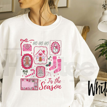 Pink Christmas Sweatshirt, Tis The Season Candy Cane Bow Santa Graphic Pullover - Hiyatee