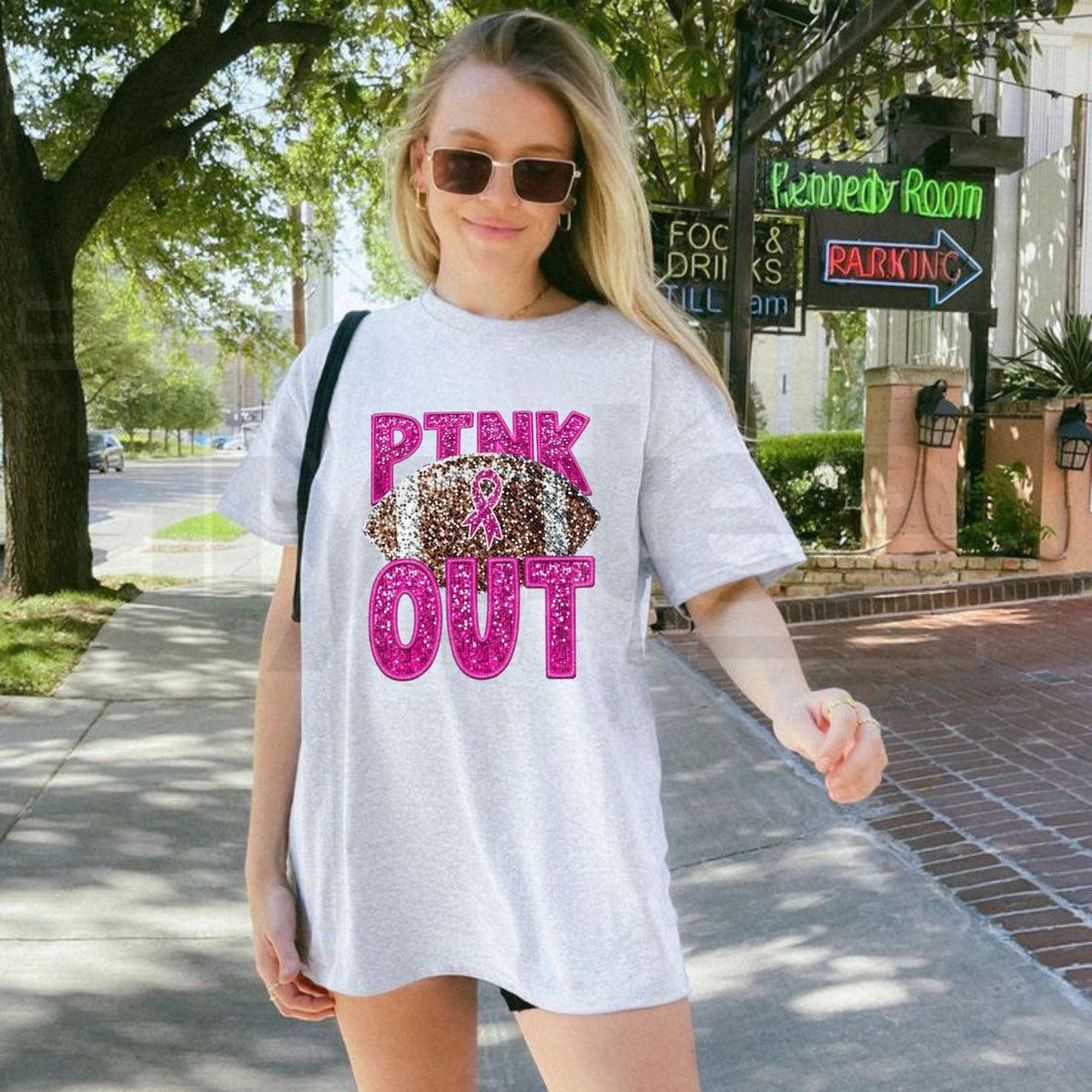 Pink Glitter Football Breast Cancer Awareness Women's T-Shirt – Relaxed Fit Top - Hiyatee