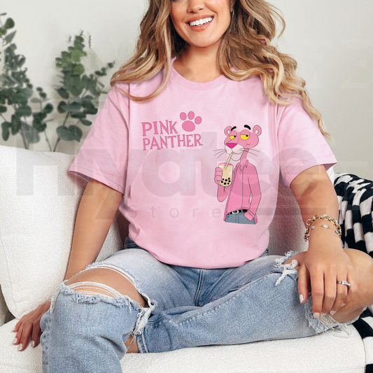 Pink Panther Bubble Tea T-Shirt – Retro Cartoon Boba Graphic Tee. - Hiyatee