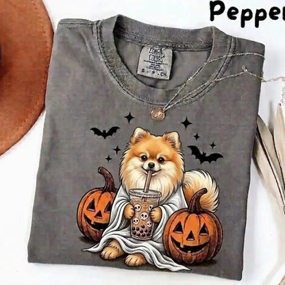 Comfort Colors Pepper Dog Shirt Custom Ghost Boba Tea Halloween Tee