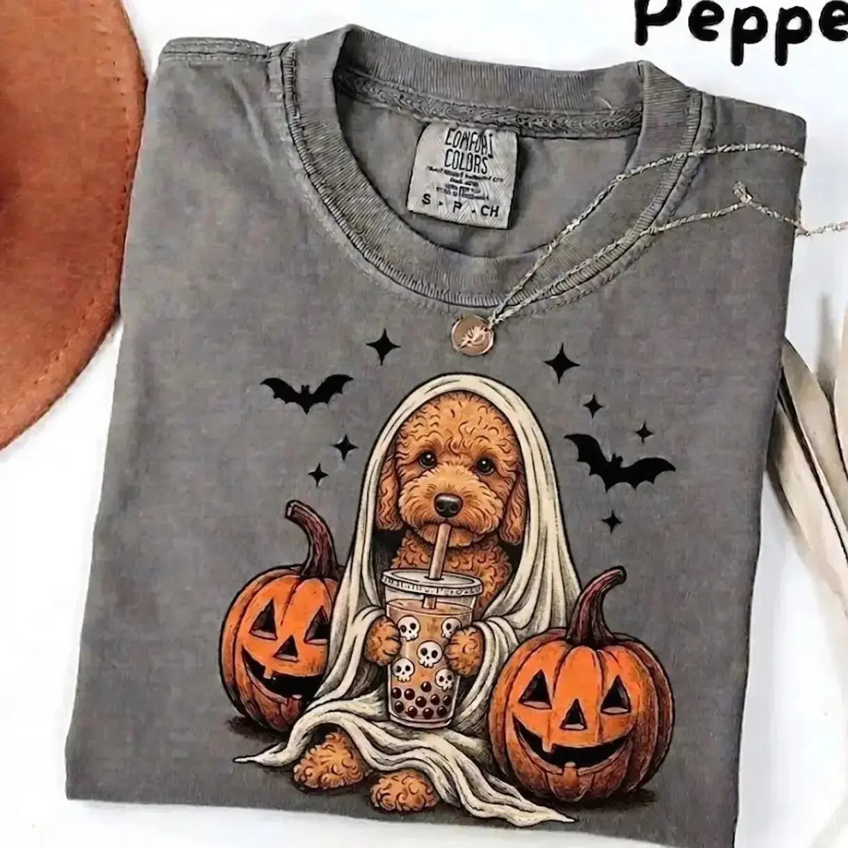 Comfort Colors Pepper Dog Shirt Custom Ghost Boba Tea Halloween Tee