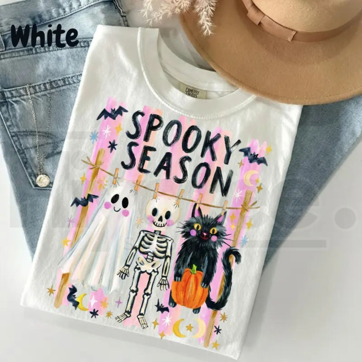 Preppy Spooky Season Shirt Coquette Skeleton Black Cat Ghost Halloween Tee - Hiyatee