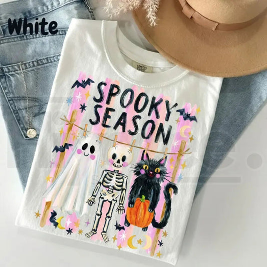 Preppy Spooky Season Shirt Coquette Skeleton Black Cat Ghost Halloween Tee - Hiyatee