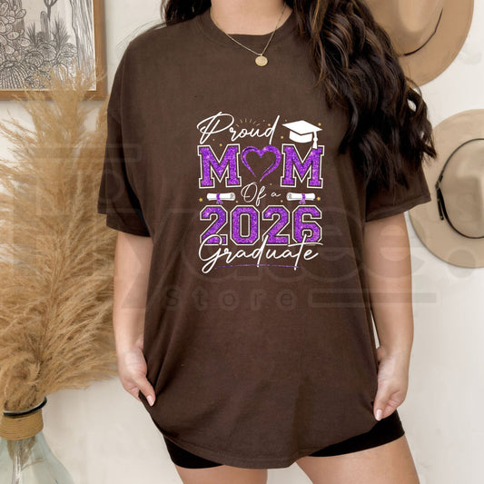 Proud Mom of a 2026 Graduate T-Shirt – Purple & Gold Vibes Senior Mom Graphic Tee, Class of 2026 Graduation Gift - Hiyatee