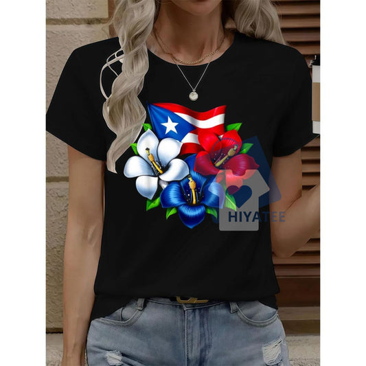 Puerto Rican Pride T-Shirt – Vibrant Flag & Florals Graphic Tee-Hiyatee