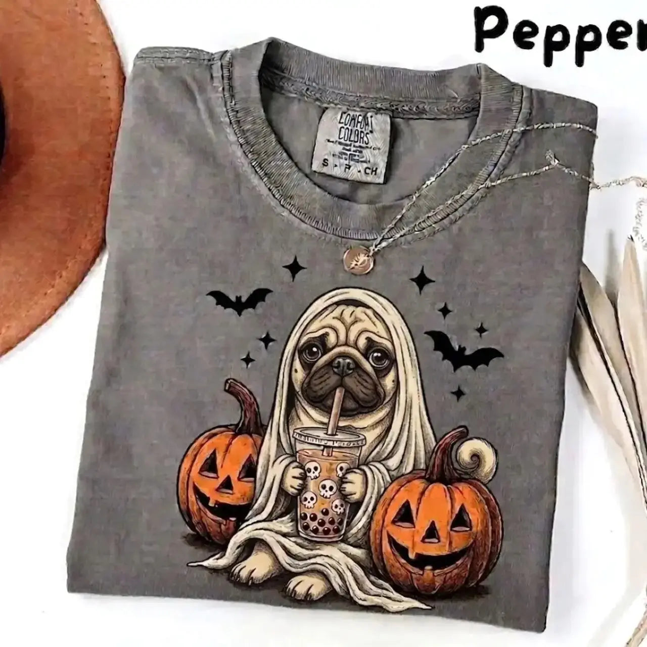 Comfort Colors Pepper Dog Shirt Custom Ghost Boba Tea Halloween Tee