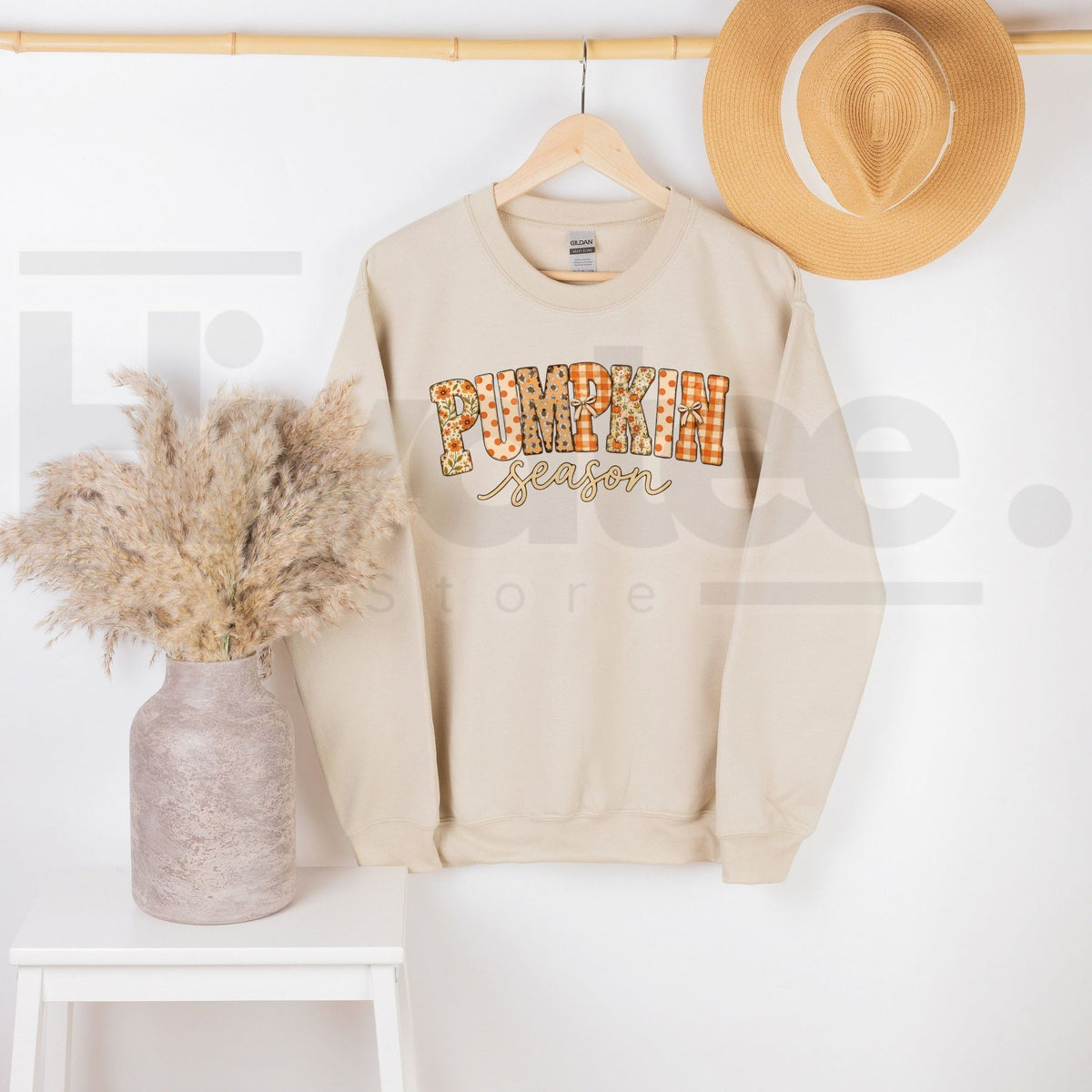 Pumpkin Season Sweatshirt – Fall Patchwork Graphic Crewneck, Cute Autumn Harvest Sweater - Hiyatee
