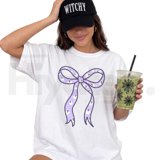 Purple Ghost Bow Comfort Colors Shirt Trendy Halloween Tee - Hiyatee