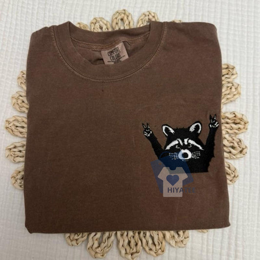 Raccoon Raising Hands Embroidered Comfort Colors Shirt – Cute Spring/Summer Tee-Hiyatee