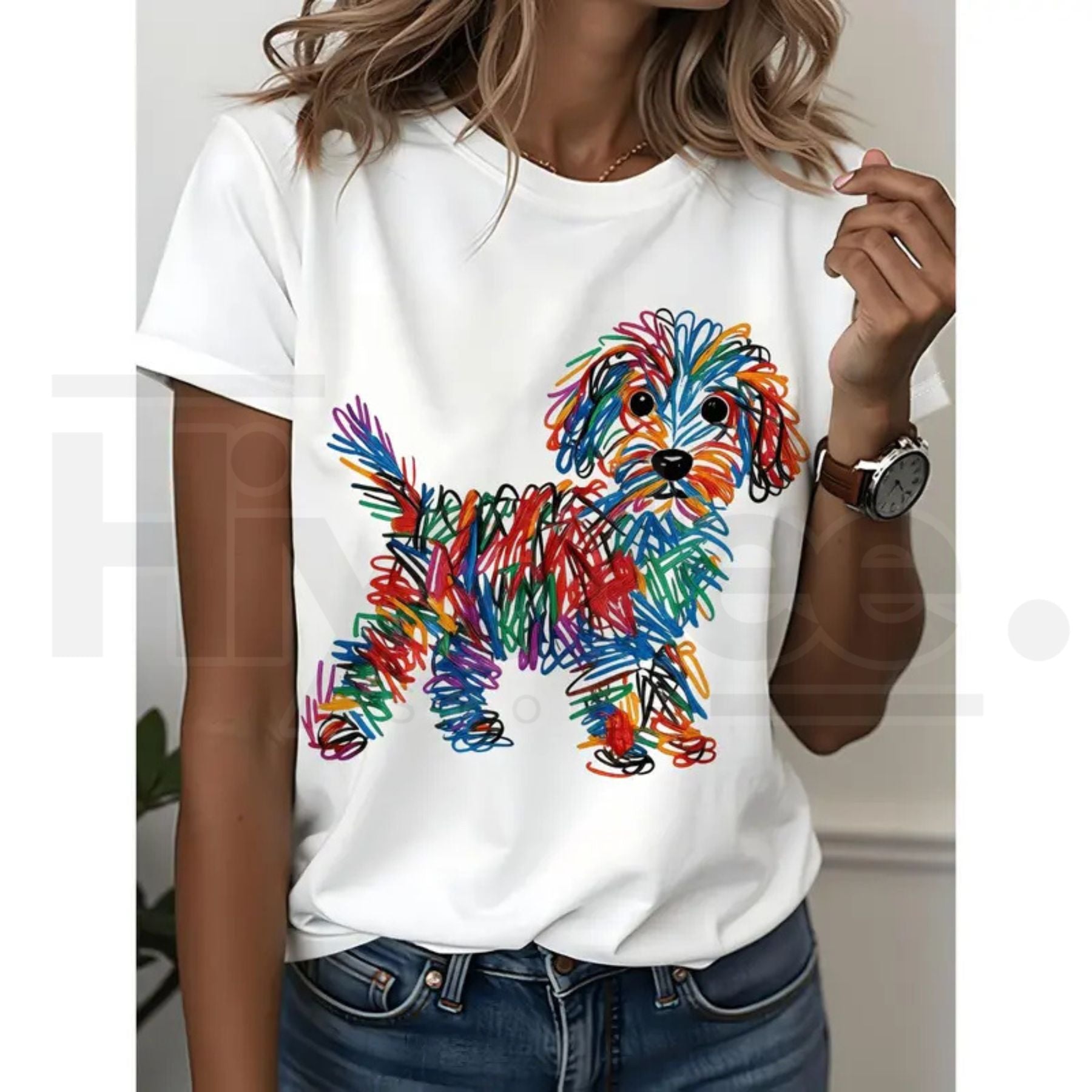 Rainbow Line Puppy Print Cotton T-Shirt – White Creative Graffiti Style Dog Lover's Top - Hiyatee