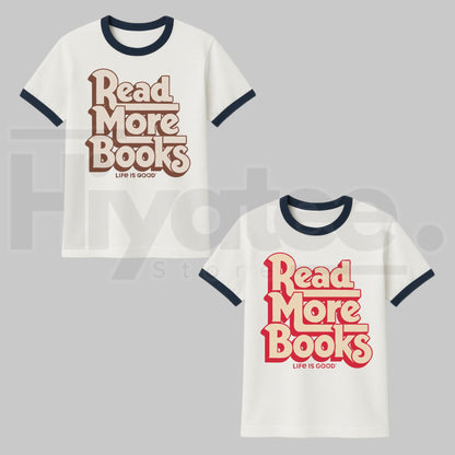 Read More Books Ringer Tee – Retro Book Lover Contrast Collar Shirt, Vintage Literary Aesthetic Unisex Graphic Tee - Hiyatee