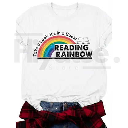 "Read More Colors" Rainbow Graphic Tee – Cute Teacher & Librarian Cotton Shirt - Hiyatee