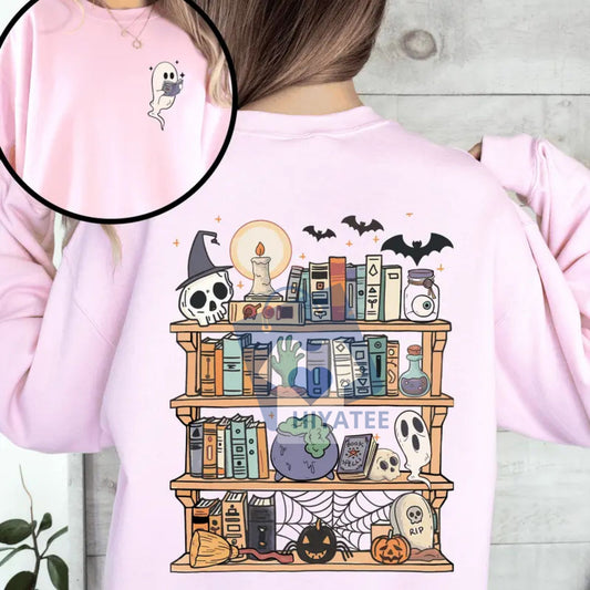 Reading Ghost Sweatshirt – Spooky Halloween Library Crewneck for Teachers & Book Lovers, Cute Front & Back Design - Hiyatee