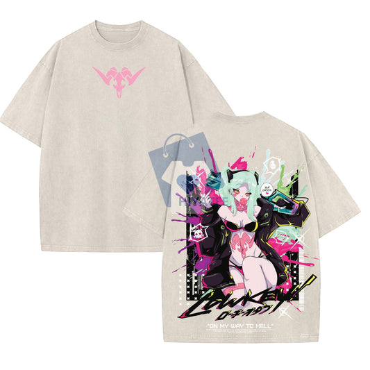 Rebecca Cyberpunk Edgerunners Tee – Double Printed Acid Washed Heavyweight Anime Shirt, Unisex Cotton Graphic Tee-Hiyatee
