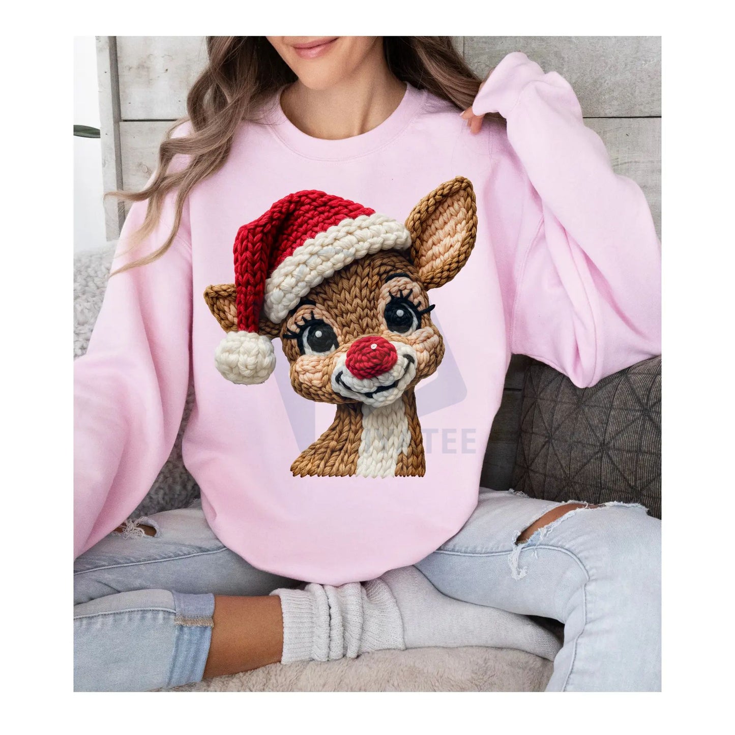 Red Nose Reindeer Santa Hat Holiday Sweatshirt: Cute Festive Crewneck Pullover, Classic Christmas Graphic Sweater - Hiyatee