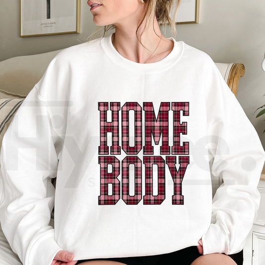 Red Plaid Homebody Graphic Top Sweatshirt – Coziest Autumn Winter Crewneck, Rustic Plaid Lettering Pullover - Hiyatee