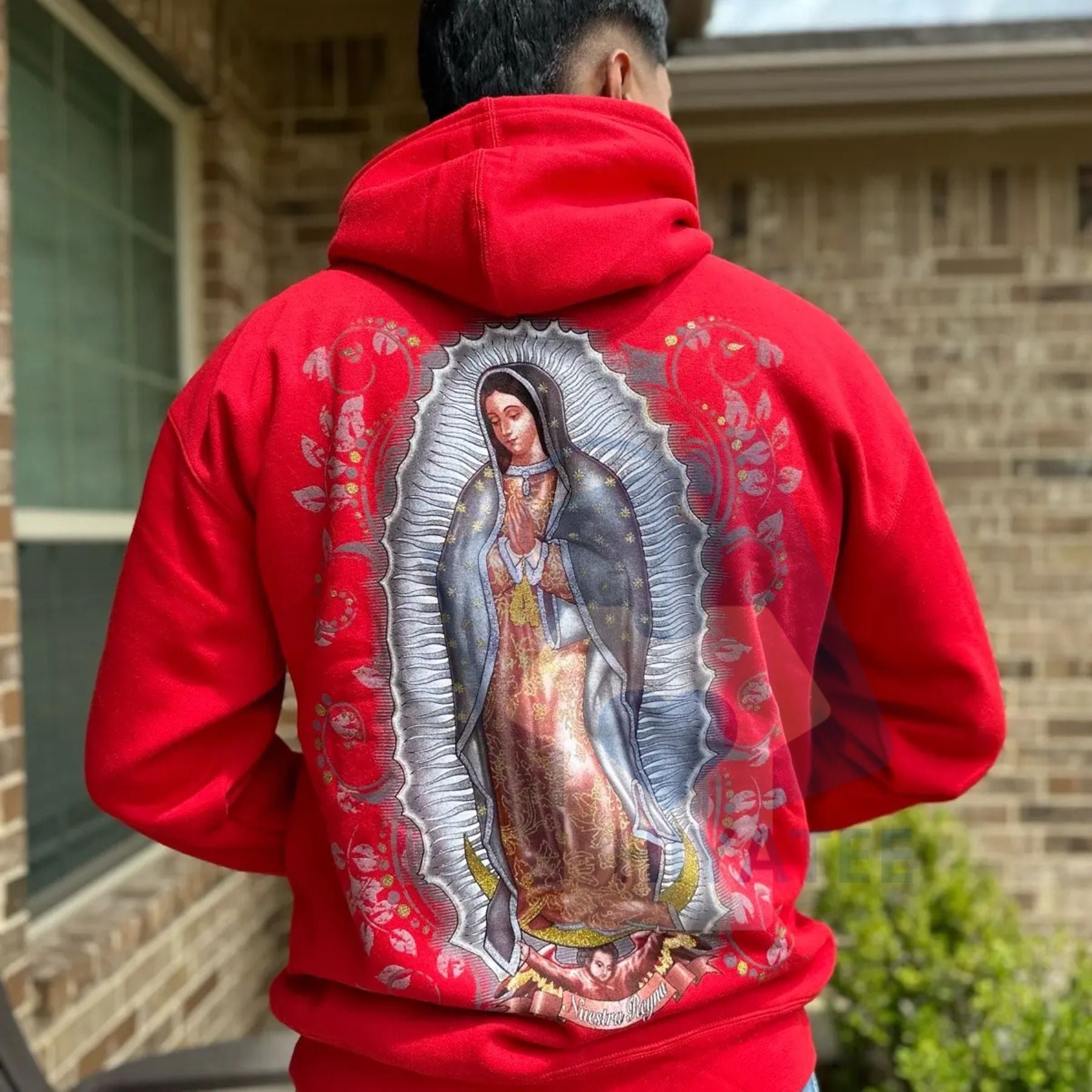 Red Virgen Mary Hoodie – Our Lady Graphic Pullover - Hiyatee