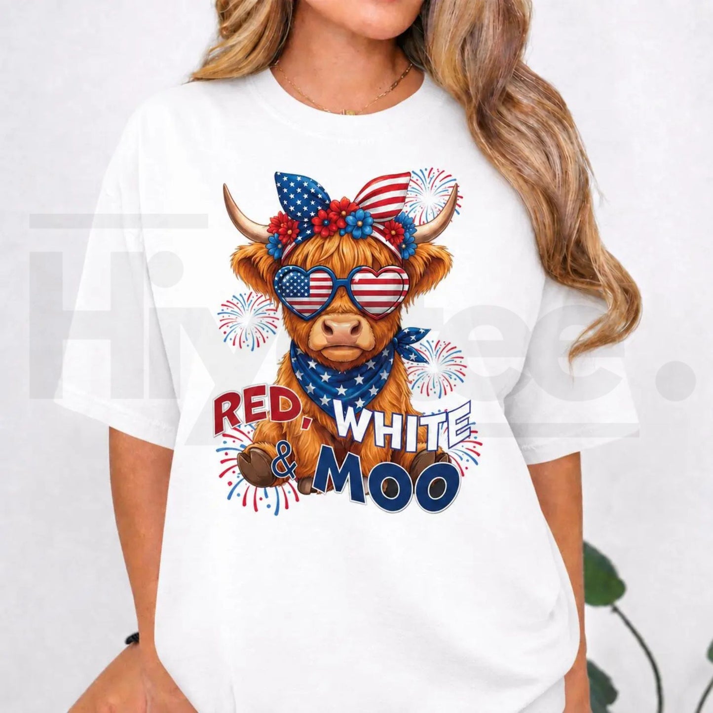 Red White & Moo Highland Cow T-Shirt – Cute 4th of July Patriotic Graphic Tee - Hiyatee