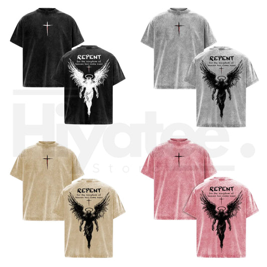 Repent Vintage Washed Oversized Christian T-Shirt – Angel Wings Faith Graphic Heavy Cotton Tee - Hiyatee
