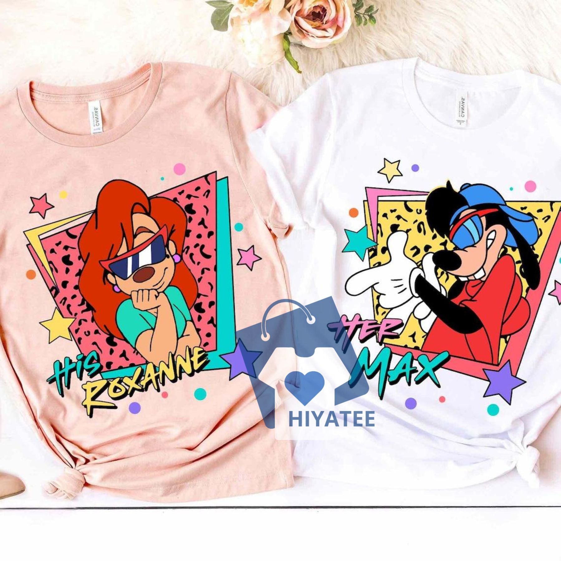Retro 90s His Roxanne & Her Max T-Shirt – Cute Cartoon Couple Matching Tees-Hiyatee