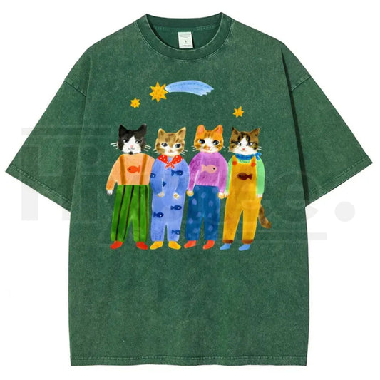 Retro "Cats In Overalls" Vintage Graphic T-Shirt – Hand-Painted Style 90s Streetwear - Hiyatee