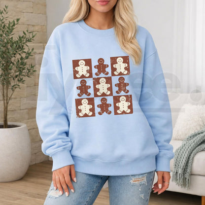 Retro Checkered Gingerbread Man Sweatshirt, Vintage Holiday Baker Graphic Crewneck - Hiyatee