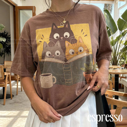 Retro Curious Reading Cats Graphic Tee Comfort Colors Book Lover Shirt - Hiyatee