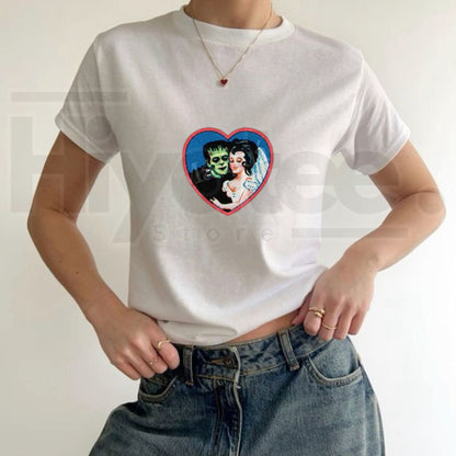 Retro Frankenstein Monster Baby Tee – Vintage 2000s Dark Fantasy Y2K Style Halloween Shirt - Hiyatee