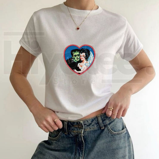 Retro Frankenstein Monster Baby Tee – Vintage 2000s Dark Fantasy Y2K Style Halloween Shirt - Hiyatee