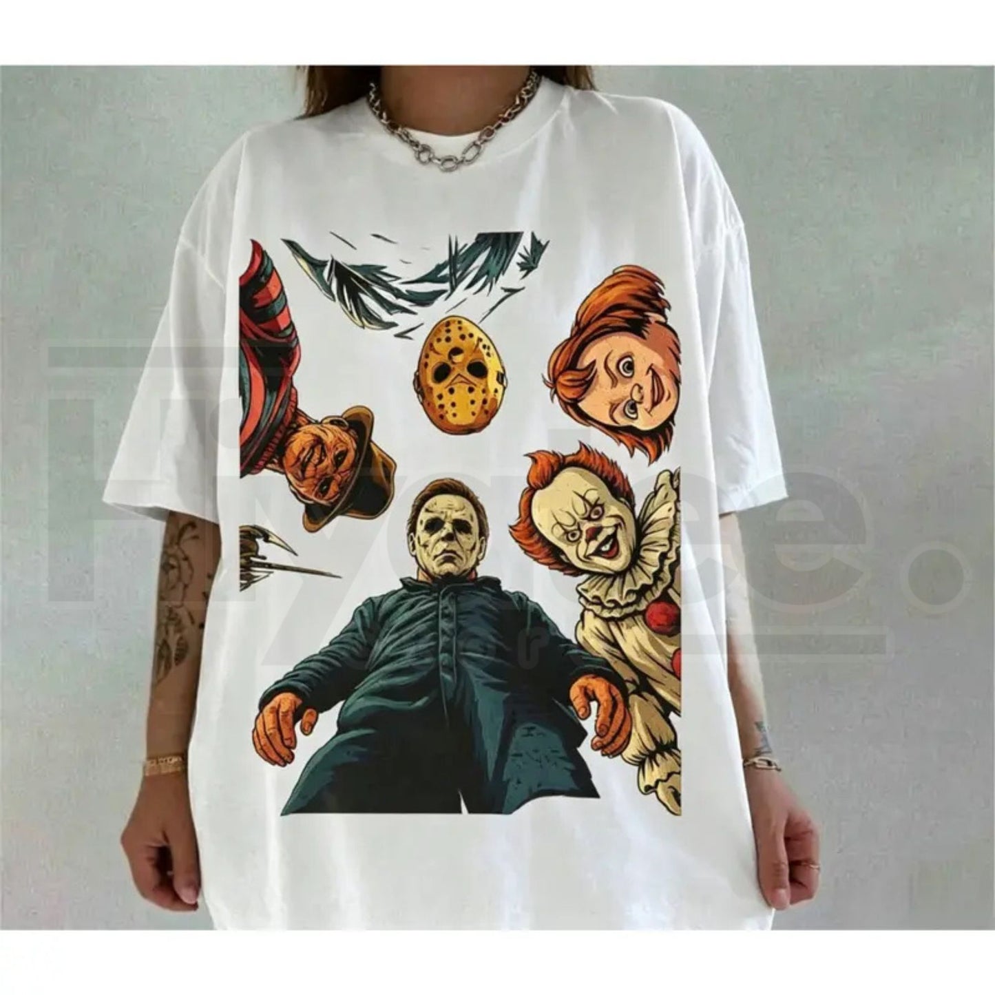 Retro Halloween Characters T-Shirt – Vintage Spooky Season Horror Movie Tee - Hiyatee