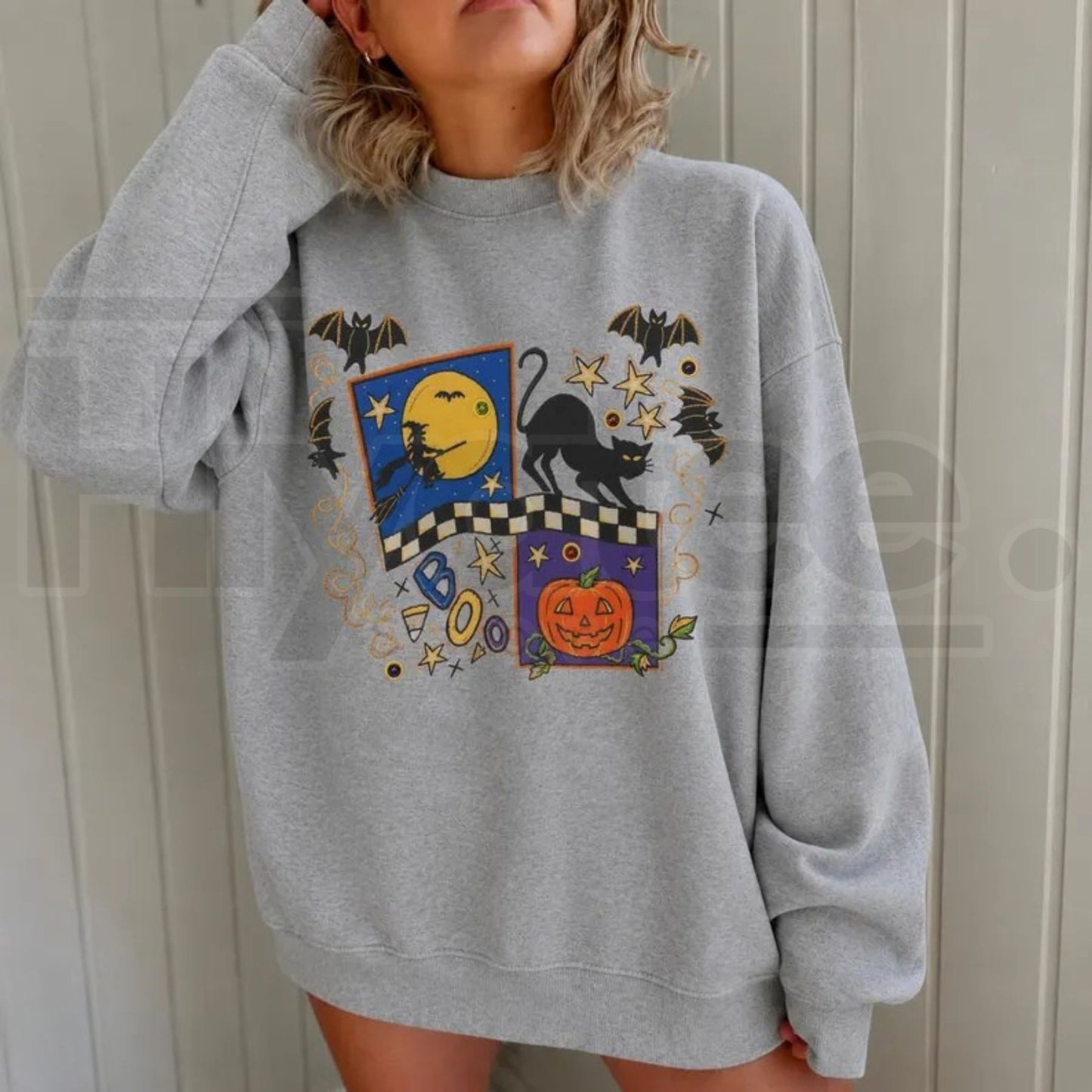 Retro Halloween Sweatshirt – Vintage Spooky Season Pumpkin Ghost Black Cat Graphic Crewneck - Hiyatee