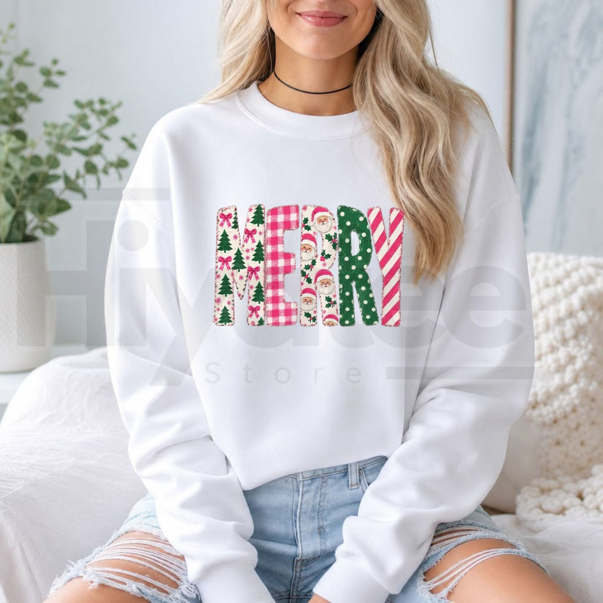 Retro Pink Merry Christmas Sweatshirt, Polka Dot Tree & Vintage Santa Graphic Pullover - Hiyatee