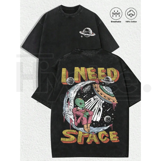 Retro Space Alien "I Need Space" T-Shirt – Vintage Distressed Sci-Fi Graphic Tee - Hiyatee