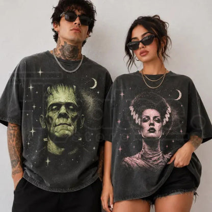 Retro Spooky Celestial Frankenstein & Bride Vintage Acid-Washed T-Shirt – Halloween Oversized Celestial Couple Tee - Hiyatee
