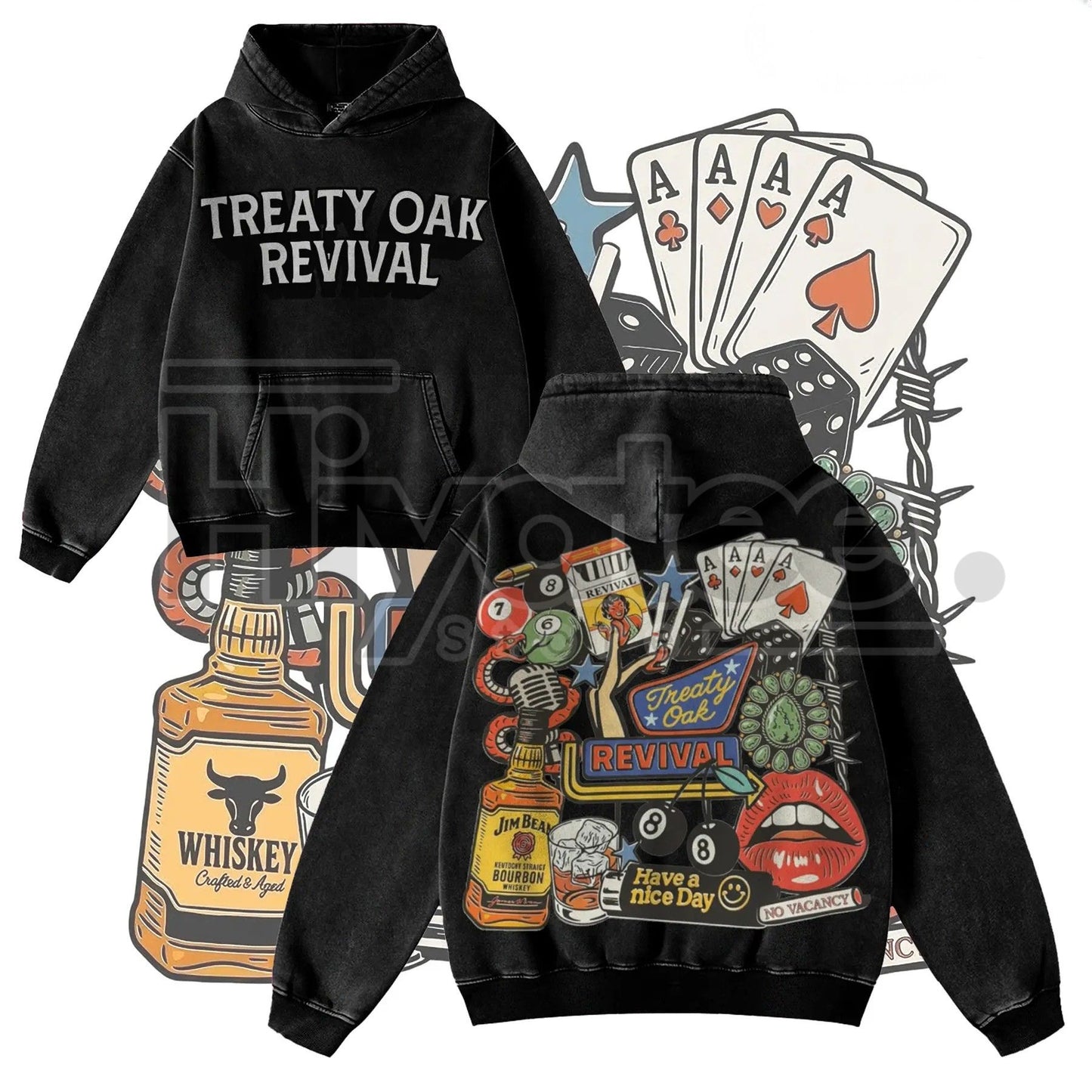Retro Treaty Oak Revival Western Hoodie – Vintage Bar Cowboy Graphic, Thick Pure Cotton, Loose Fit - Hiyatee