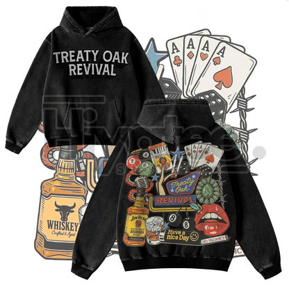 Retro Treaty Oak Revival Western Hoodie – Vintage Bar Cowboy Graphic, Thick Pure Cotton, Loose Fit - Hiyatee